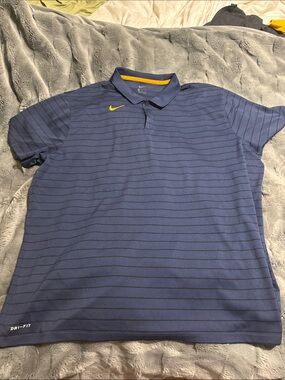 Nike Men's Blue Striped Polo with Yellow Swoosh